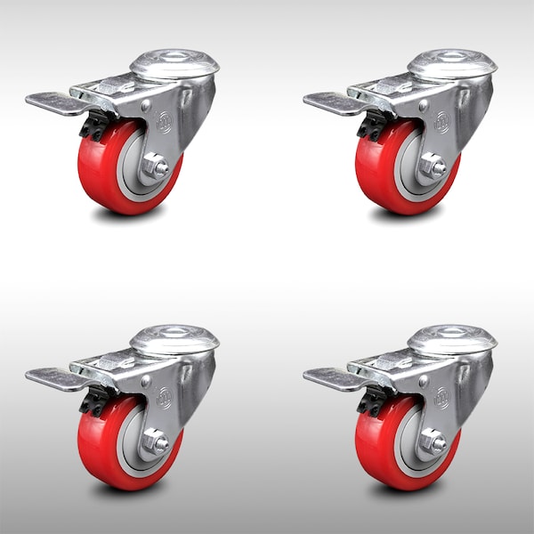Service Caster 3 Inch SS Red Polyurethane Swivel Bolt Hole Caster Set with Total Lock Brake SCC-SSBHTTL20S314-PPUB-RED-4 - main